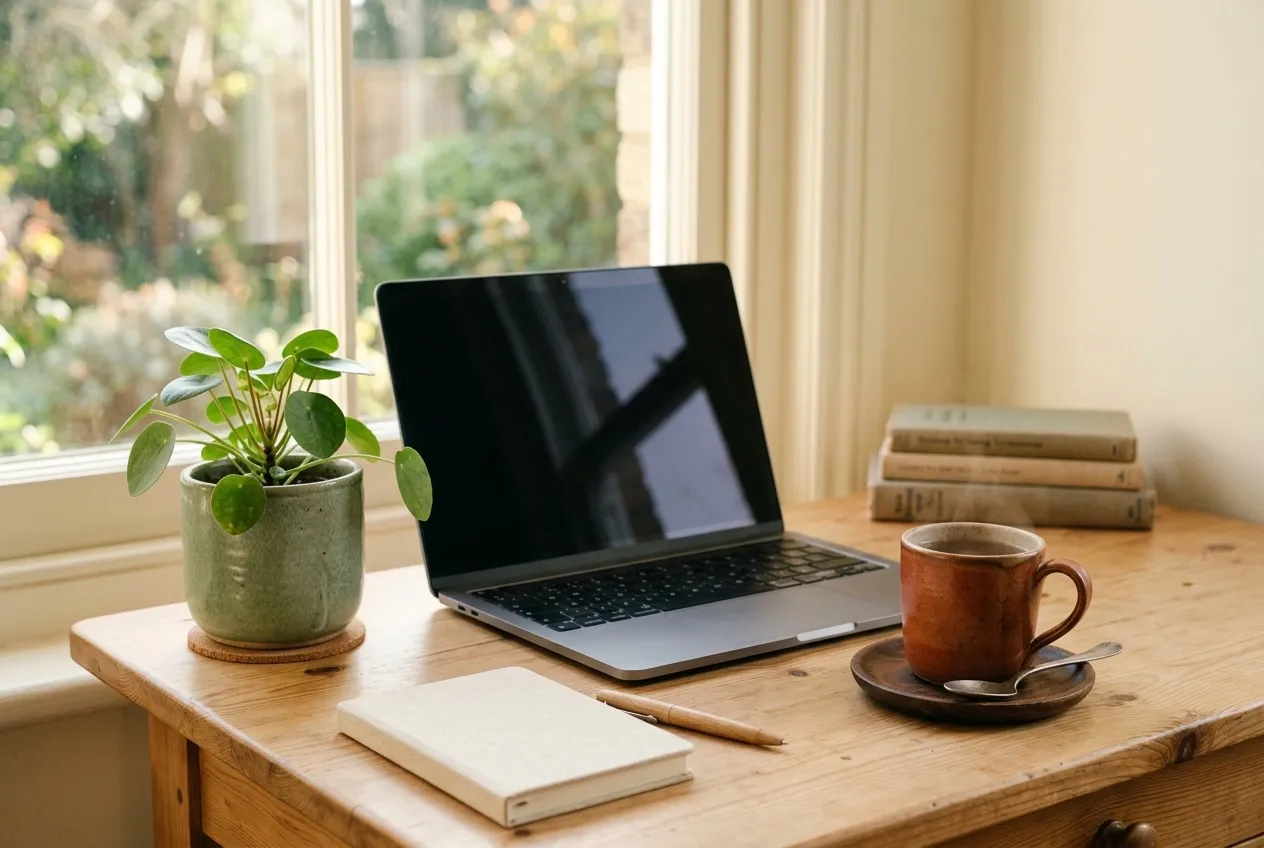 A sunlit home desk with an open laptop, a potted plant, and a cup of tea by a window